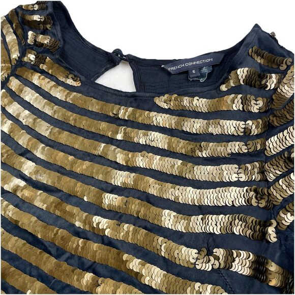 French Connection SERPENT SEQUIN Women’s Short Sleeve Mini Dress Black Gold-6 - Picture 3 of 12